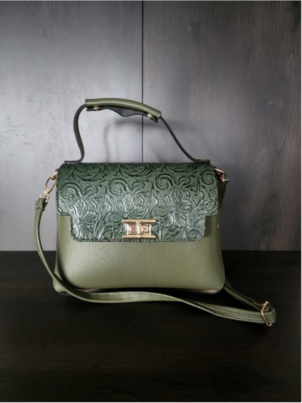 Forest Green Floral Studded Embossed Artisan LEATHER Purse Handbag Crossbody Bag - Picture 9 of 16